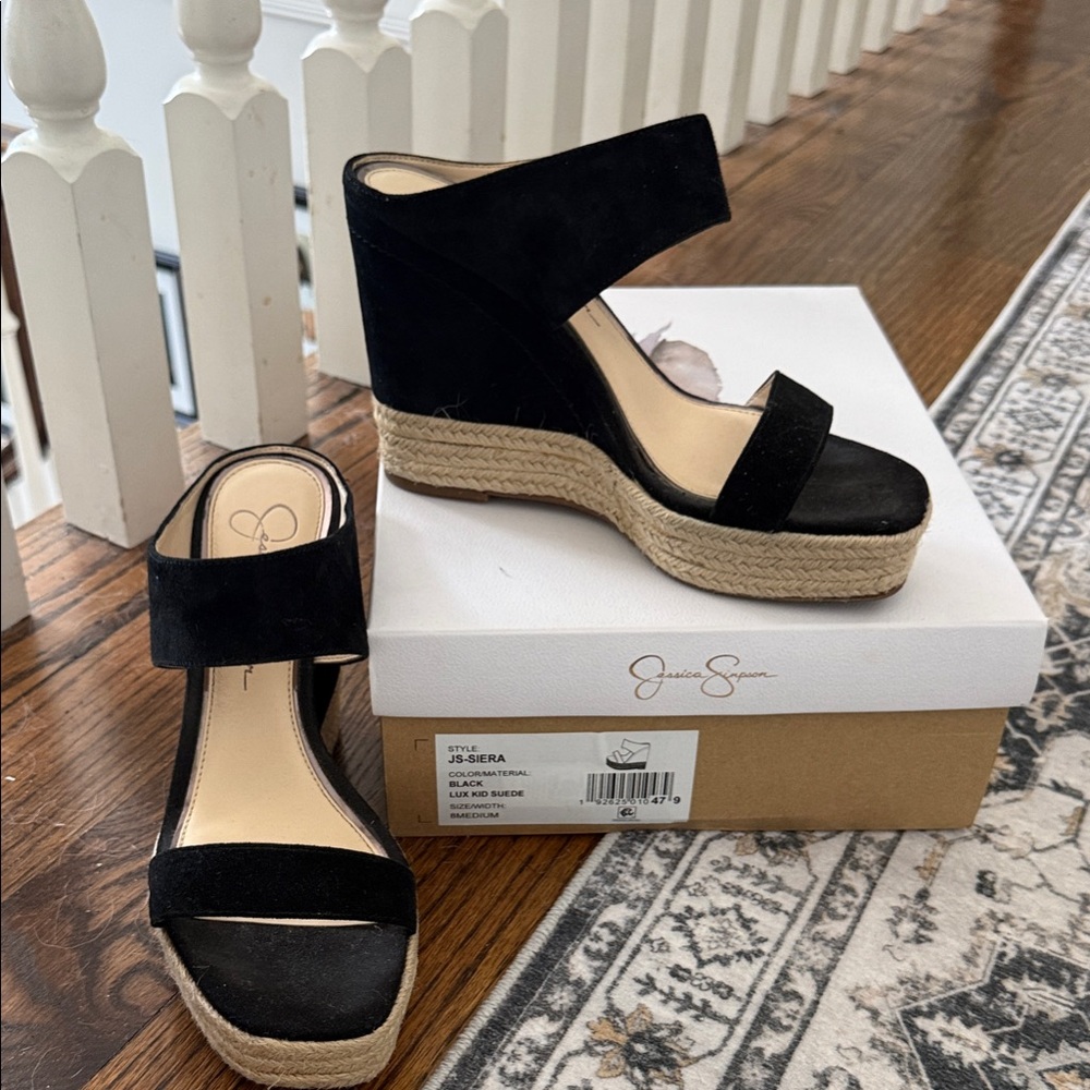 Jessica Simpson Black and Tan Wedge Sandals